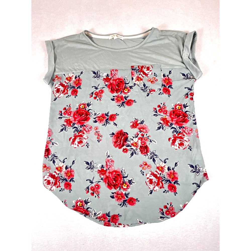 Rewind Womens Floral Mixed Media Top Sage Green Red Rose Pocket Tee Size M